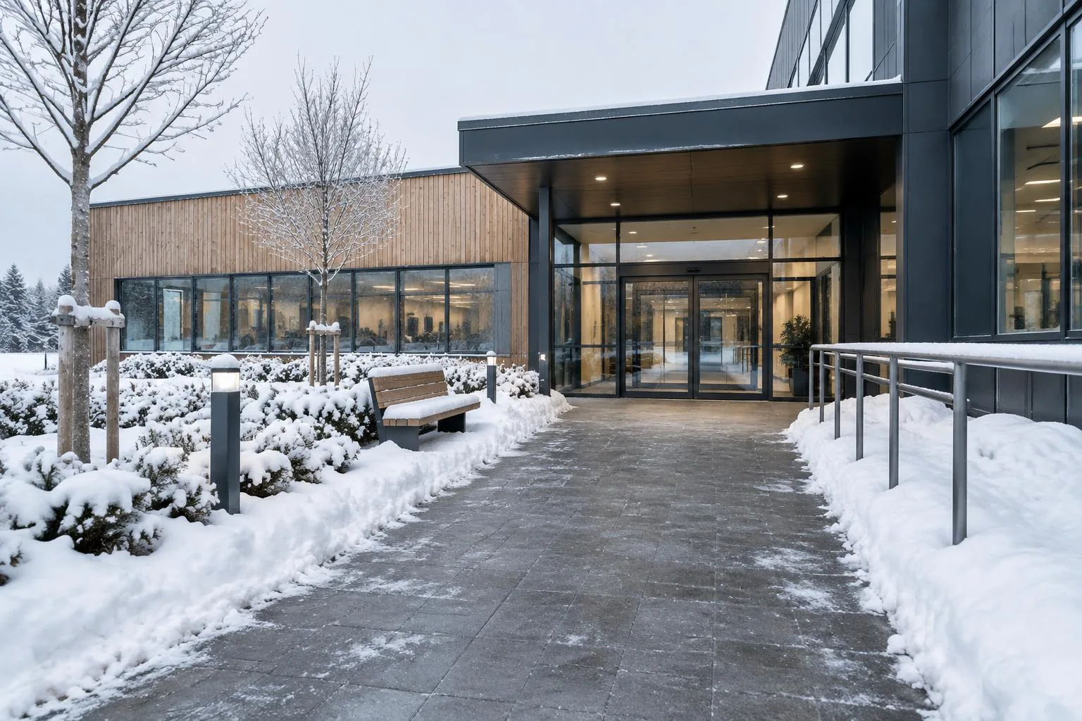 Snöröjd gångväg mot entrén till en fastighet en vinterdag
